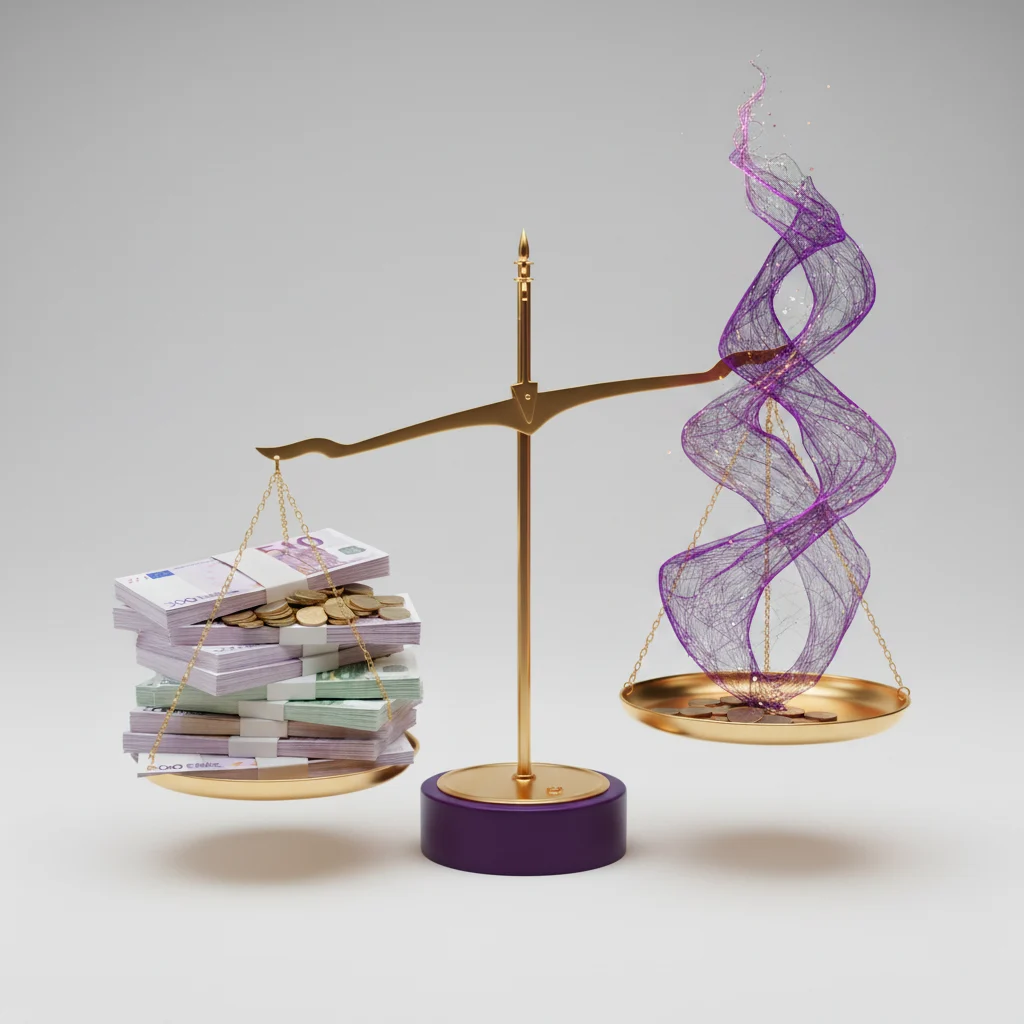 A photorealistic weighing scale elegantly displays stacks of Euro currency on one pan, while on the other, a vibrant, glowing abstract form, symbolizing growth and intrinsic benefits, subtly outweighs the material wealth. The minimalist background enhances the powerful visual metaphor, suggesting that true value transcends monetary gain.