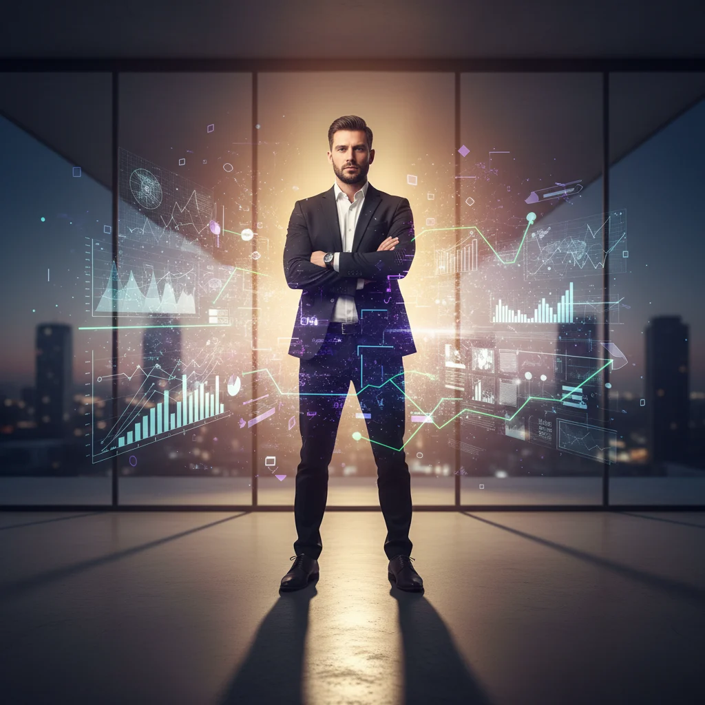 Bathed in brilliant golden light, a professional interim expert stands with unwavering confidence as swirling violet data and complex challenges crystallize into sharp, clear lines of strategy and measurable results around them. Dressed in a sharp white shirt and black blazer, they embody decisive action and the seamless articulation of expertise within a dynamic modern business landscape.