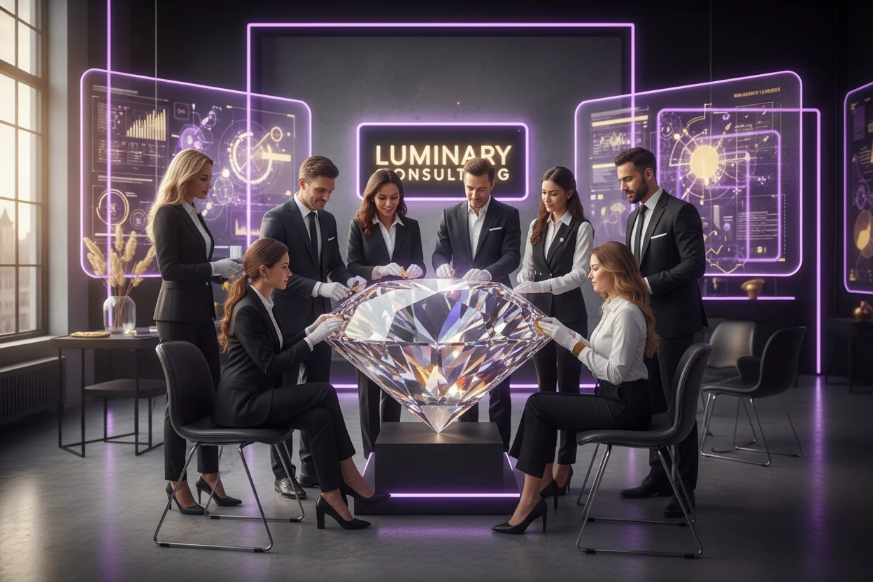 Diverse professionals unite in a sophisticated setting, their focused collaboration brilliantly illuminating a multi-faceted diamond. This photorealistic tableau, awash in elegant violet, golden yellow, white, and black, powerfully symbolizes the refinement and clarification of valuable collective expertise.