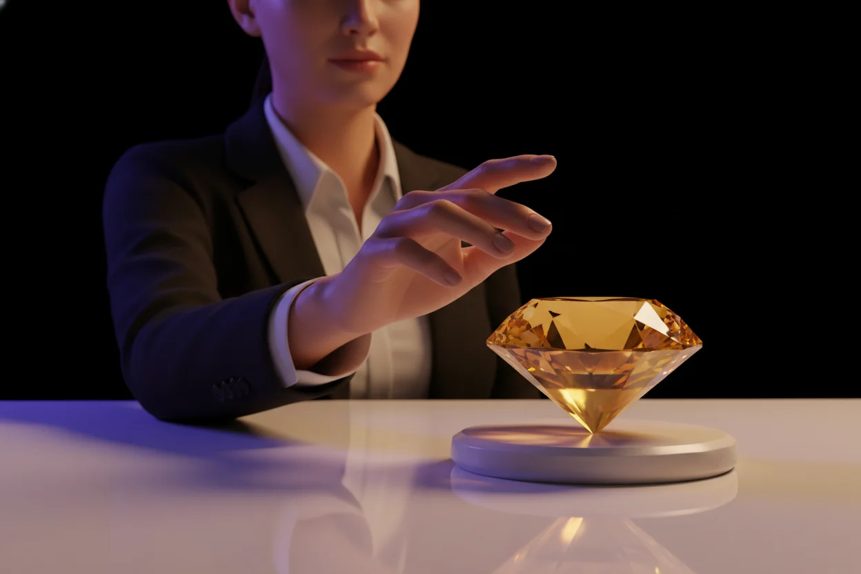 A photorealistic portrayal of serene focus meeting ultimate value. A professional's hand gracefully extends towards a radiant, perfectly cut golden diamond, set against a pristine white surface. Subtle violet and amber light, alongside a deep black background, accentuates the jewel's brilliance, symbolizing effortless access to a refined and valuable solution.