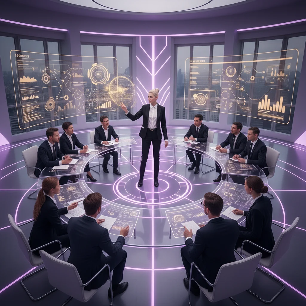 A photorealistic tableau capturing a dynamic expert at the confluence of a modern, interconnected workspace, adeptly guiding and collaborating with multiple business teams. The scene vividly portrays the leader articulating strategies and insights across various projects, embodying multi-company leadership amidst engaged figures in productive discussion, all rendered with a sophisticated palette of violet, gold, white, and black.