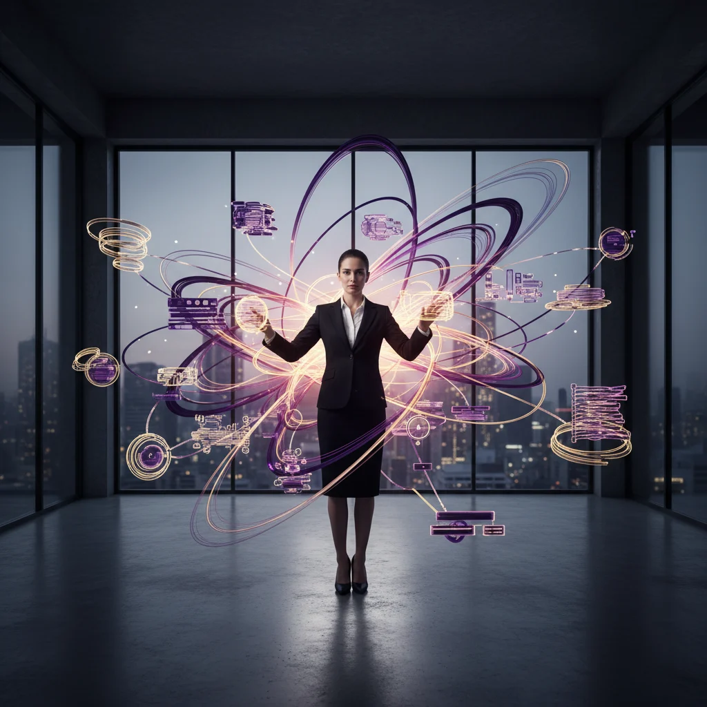 A photorealistic portrayal of a business professional at the heart of a modern, sophisticated environment, masterfully navigating a complex web of vibrant violet and shimmering gold light forms. Each luminous strand represents a distinct strategic challenge or client, illustrating the seamless integration of expertise and thoughtful engagement across diverse business landscapes. The composition, dominated by white and black with striking violet and gold accents, visually articulates the simultaneous application of strategic acumen and the articulation of solutions.