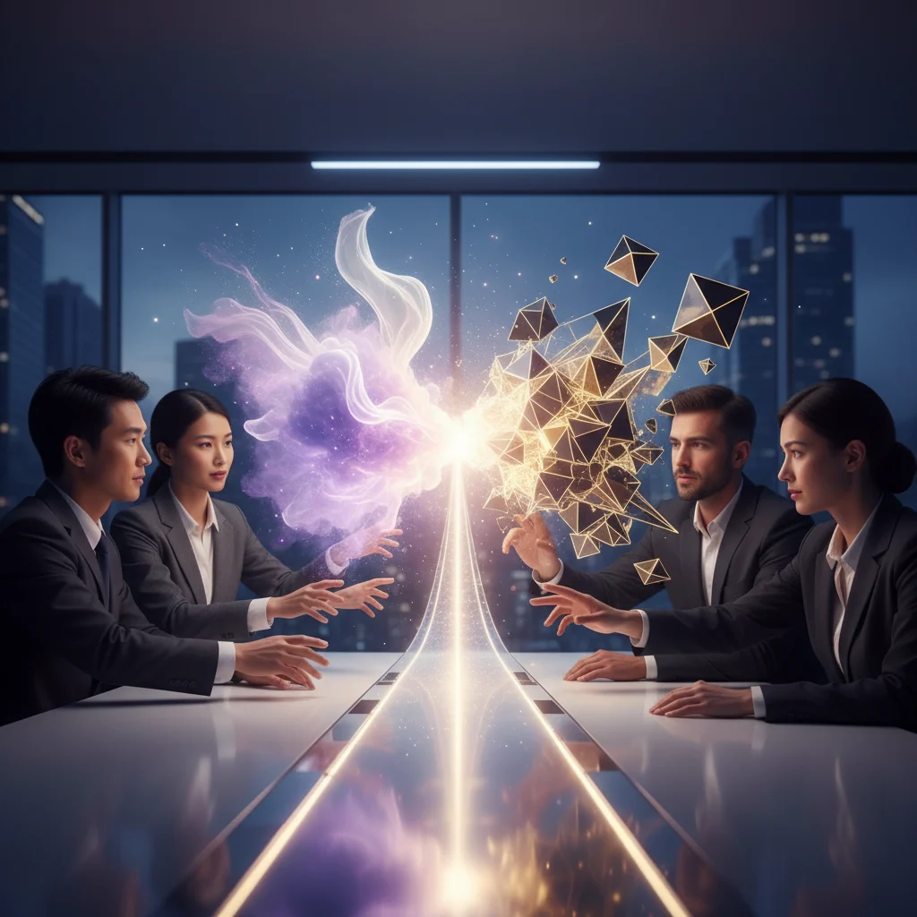 A vibrant, photorealistic depiction of diverse professionals collaboratively shaping a dynamic holographic projection. Soft violet and white light, representing inner purpose (Ikigai), elegantly merges with sharp golden and black geometric forms, signifying concrete marketable expertise (KOE). This image illustrates the powerful clarification and verbalization of professional capabilities into a singular, shining pathway.
