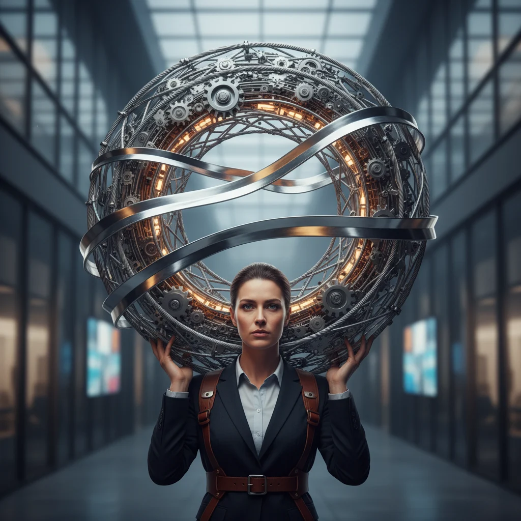 A striking photorealistic image of an individual with an unwavering gaze, confidently shouldering an intricate, symbolic structure that embodies the full scope of complex responsibilities and the project's ultimate success. The scene radiates reliability, profound trust, and absolute commitment against a subtly professional backdrop.