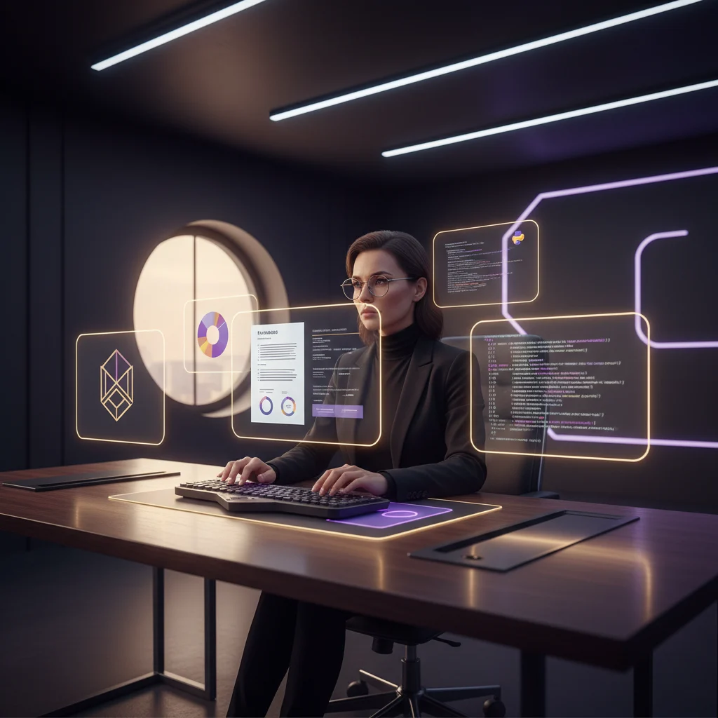 A cinematic capture of a professional freelancer's focused workspace, showcasing the precise articulation and delivery of diverse project outcomes. Polished logos, structured documents, and clean code fragments are subtly illuminated with golden light, symbolizing clarified expertise amidst a sophisticated palette of violet, white, and black.