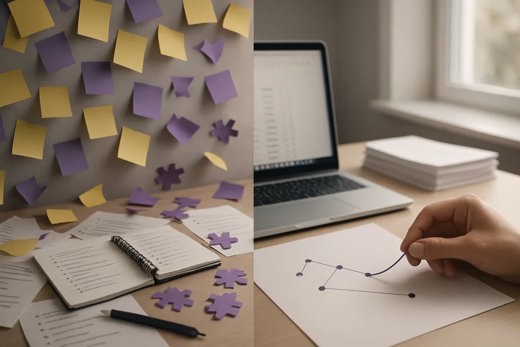 Photorealistic view of a modern expert's desk mid-transition: the left side overflowing with violet and yellow sticky notes, scattered papers marked with unchecked bullet dots, a laptop crowded with tiny browser tabs, a messy to‑do notebook and loose puzzle pieces fluttering; the right side calm and ordered with a neat stack of documents and a white workspace where a thoughtful hand guides a smooth violet thread connecting a series of dots on paper. Soft natural window light, shallow depth of field, high-detail cinematic composition in a palette of violet, yellow, black and white.